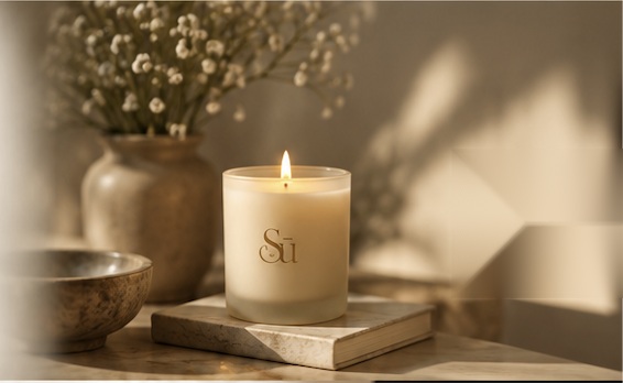 A warm Sū candle still life in soft evening light